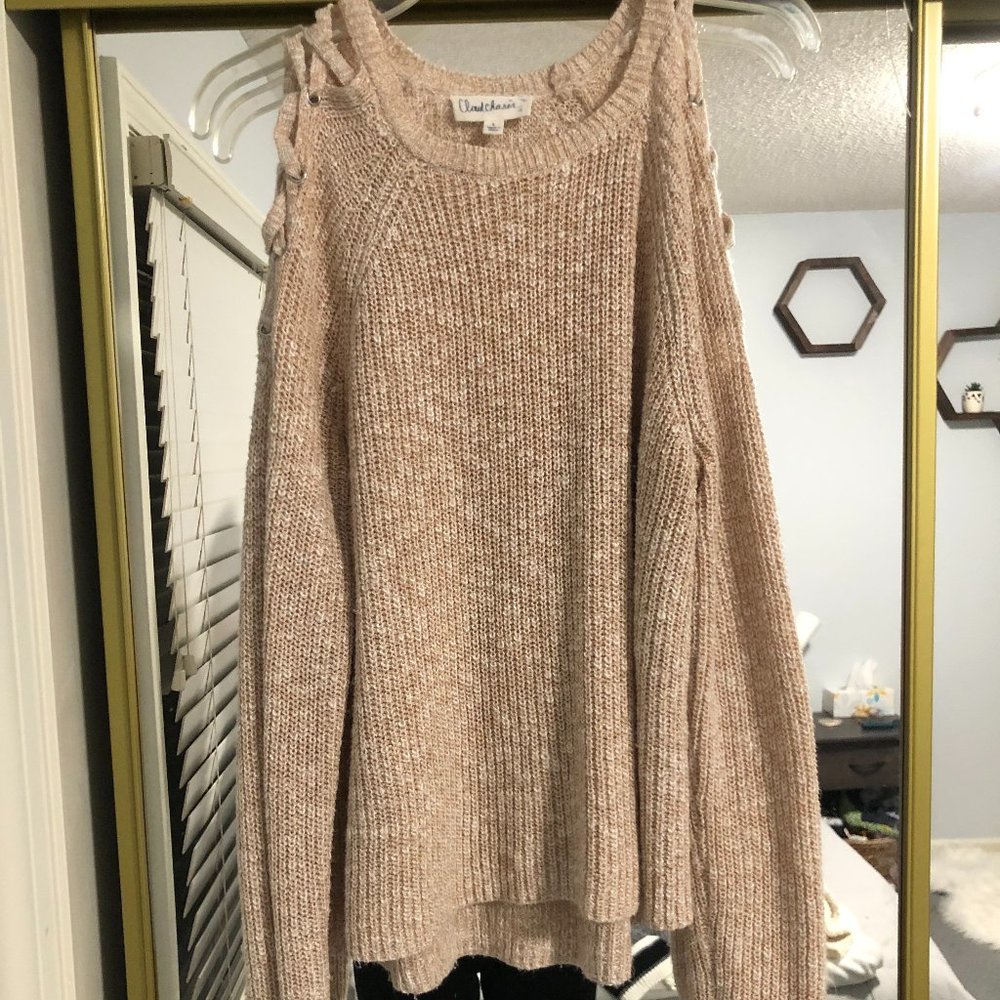 Neutral Cream/Tan Sweater with Shoulder String Design